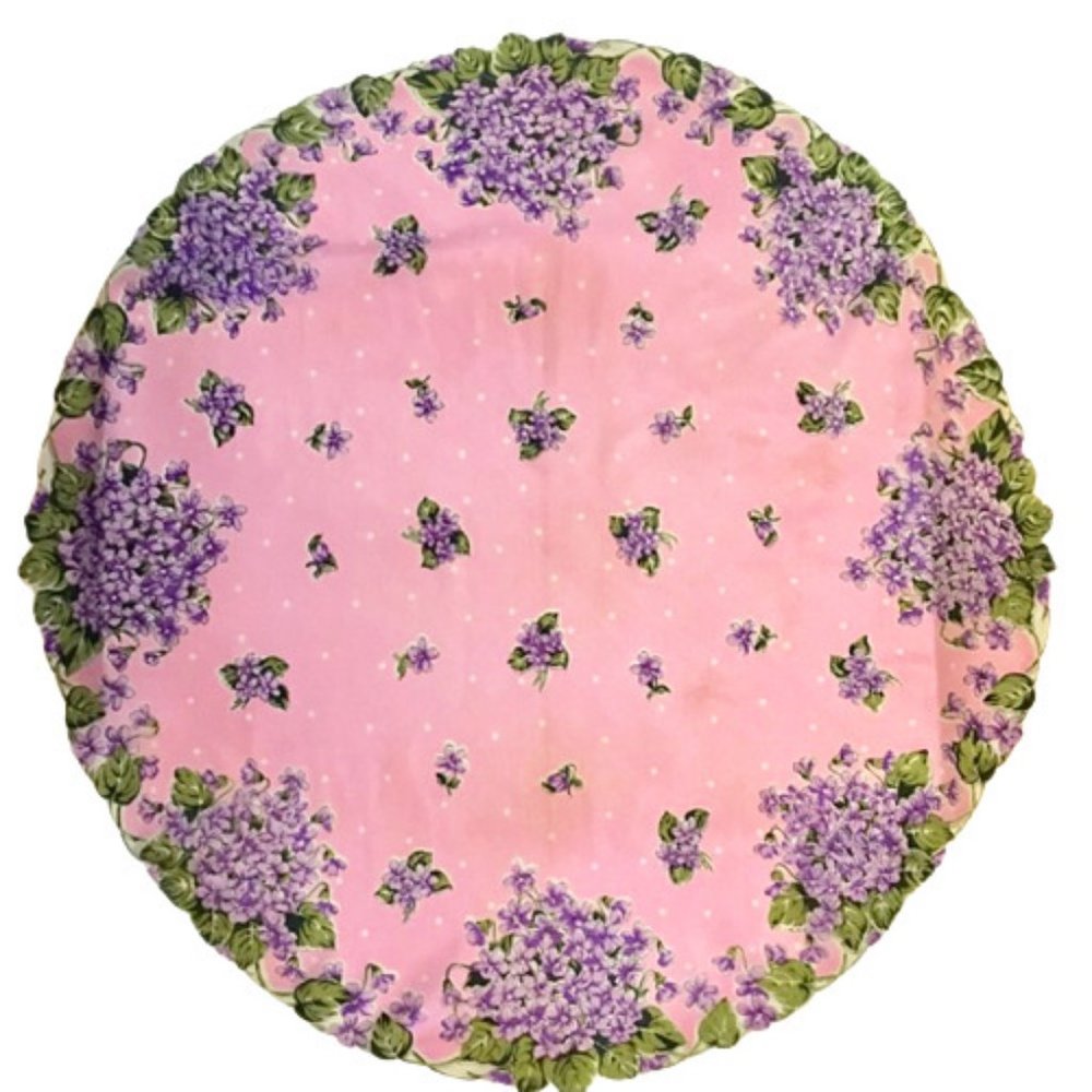 Silk Scarf Vintage 40s 50s Round Pink White Polka Dot Purple Floral